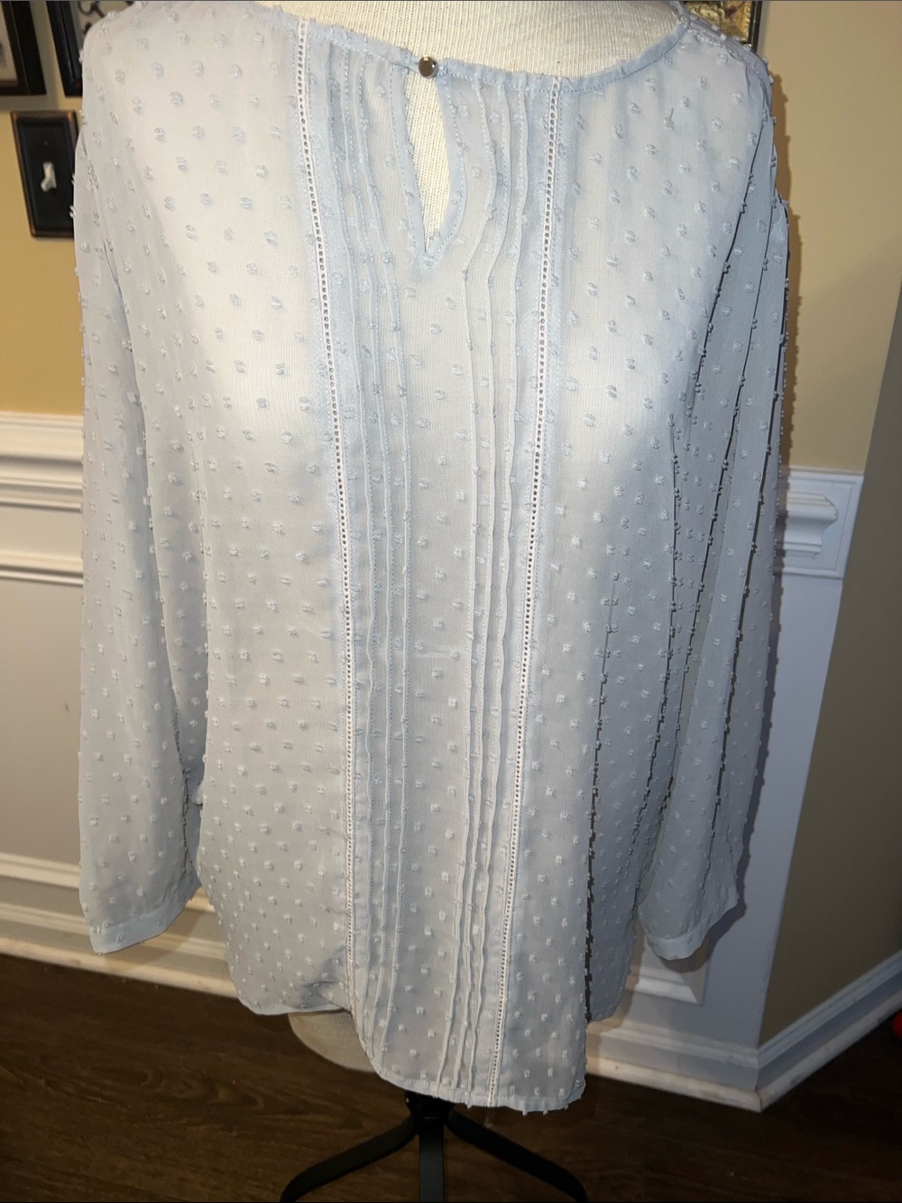 New York & Company Light Blue Swiss Dot Pintuck Blouse